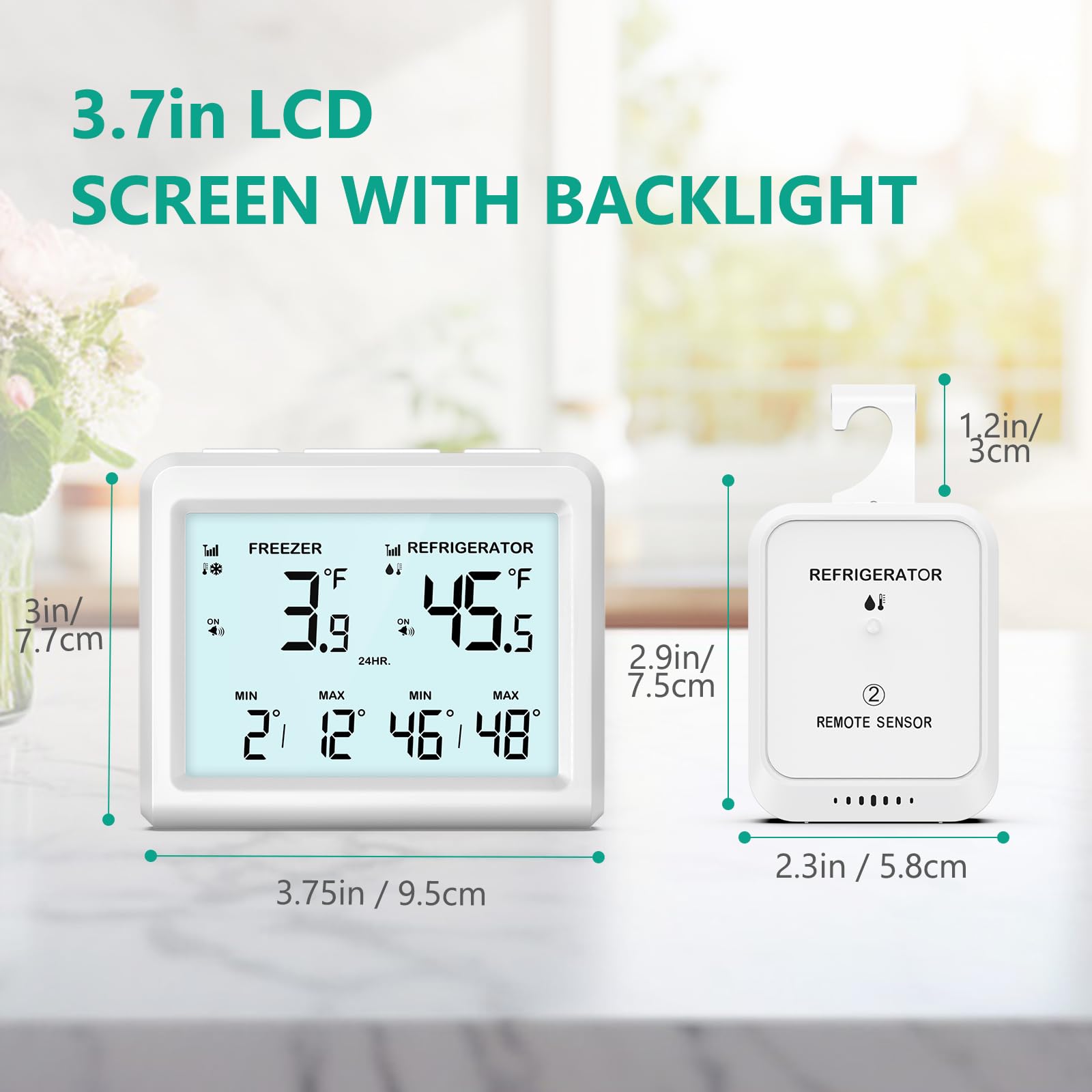 ORIA Thermomètre de Réfrigérateur et Congélateur Numérique - 2 Capteurs Sans Fil, Alarme, Écran LCD, ℃/℉, Min/Max, 2 Options de Montage pour Maison