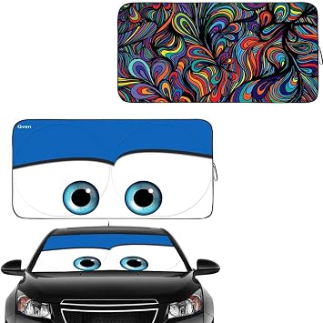 Gven Windshield Shade, Car Sun Shade for Front Windshield Funny Car Eyes Sunshades Sun Visor Protector Blocks UV Rays Foldable 210T Keep Your Vehicle Cool Eyes-Blue, L + Abstract,L