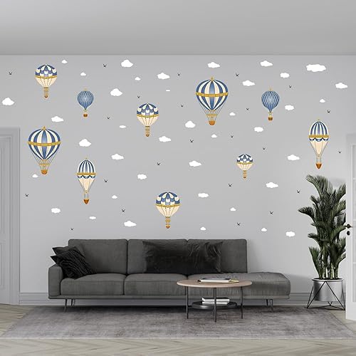 Miniatura 6 de Calcomanías de pared 3D de globo aerostático con diseño de nubes y gaviotas, calcomanías de pared para jardín de infantes, decoración artística de