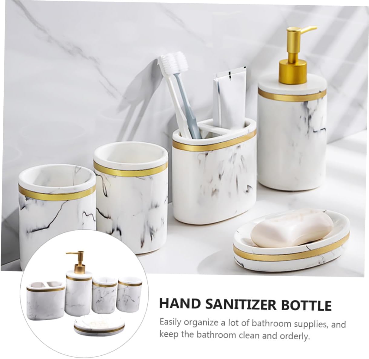 5 Pcs Resin Bathroom Accessory Set with Hand Bottles and Soap Dish Elegant Marble Texture Vanity Organizer for Stylish Bathroom Storage and Daily Washing Needs