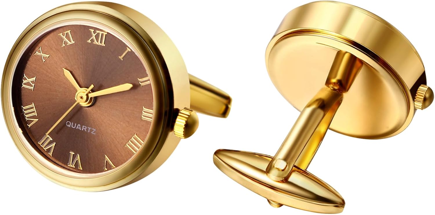 OIDEA Watch Cufflinks for Men: Fashion Round Analog Quartz Real Working Watch Cufflinks Pair Business Dress Roman Numerals Watch Cuff Links Gift for Him