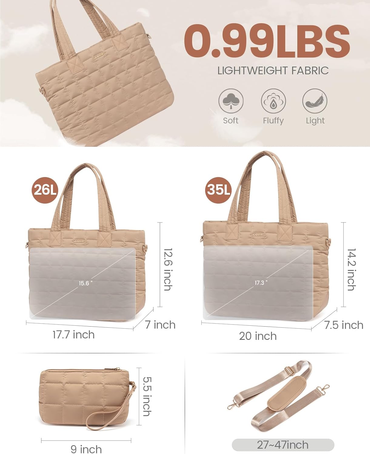 LOVEVOOK Laptop Tote Bag for Women, 17 Inch Large Puffer Work Computer Tote Bags for Teacher Nurse, Quilted Women's Purse Tote Shoulder Handbags with Zipper for Travel College Office Gym, Coffee Brown - Image 5