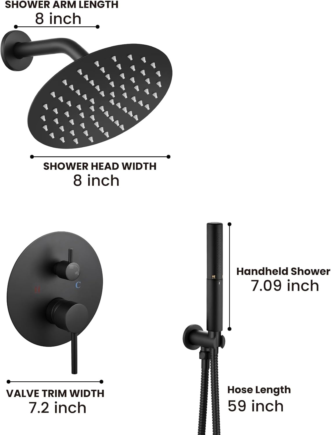 Airuida Shower Fixtures 2 Functions Shower Faucet Set Wall Mounted for Bathroom High Pressure Brass Handheld Shower with Rough-in Valve Round Rainfall 8 Inch Shower Head Matte Black