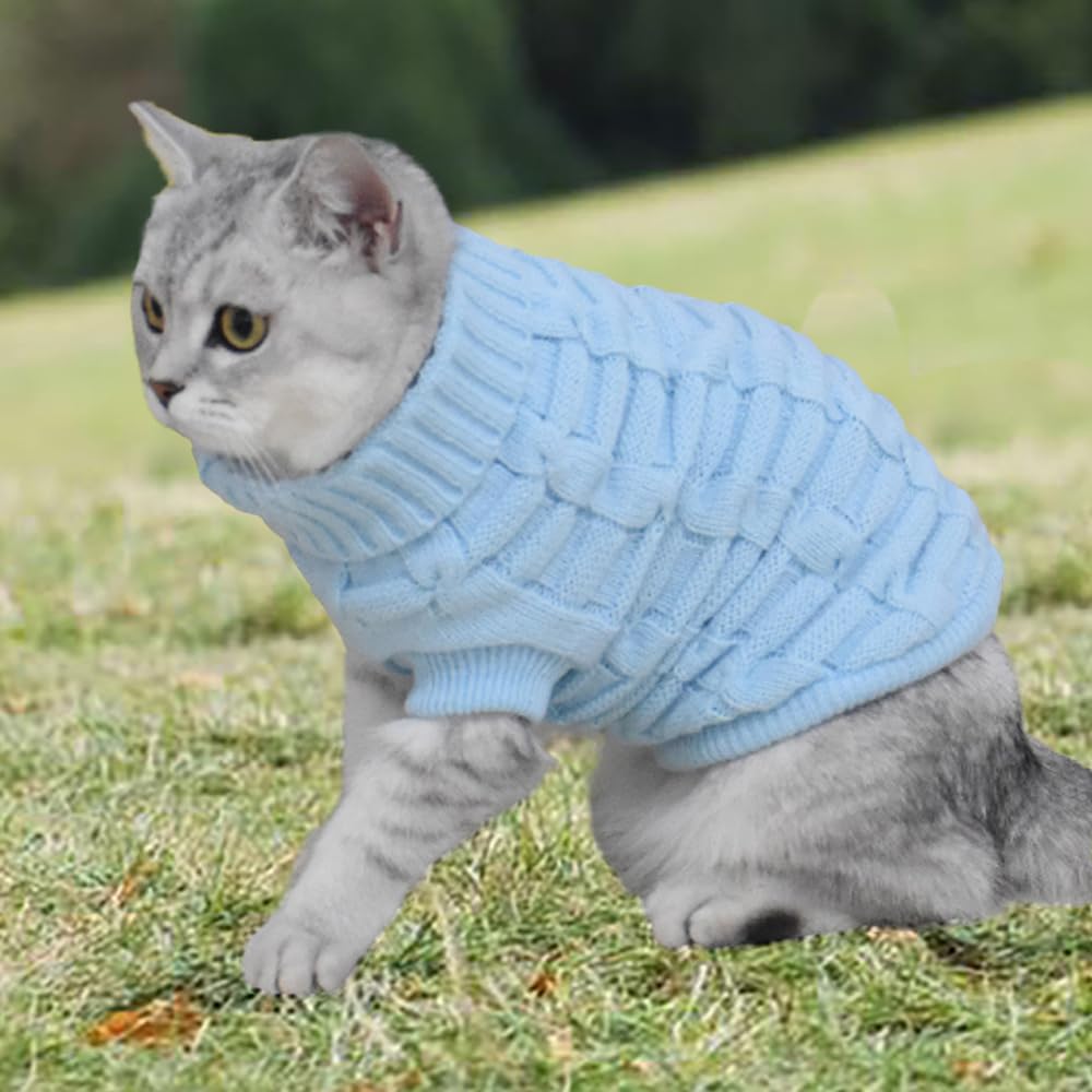 Sweet seven Turtleneck Pet Cats Sweater - Pullover Knitted Doggie Kitty Clothes in Solid Blue (Size M)