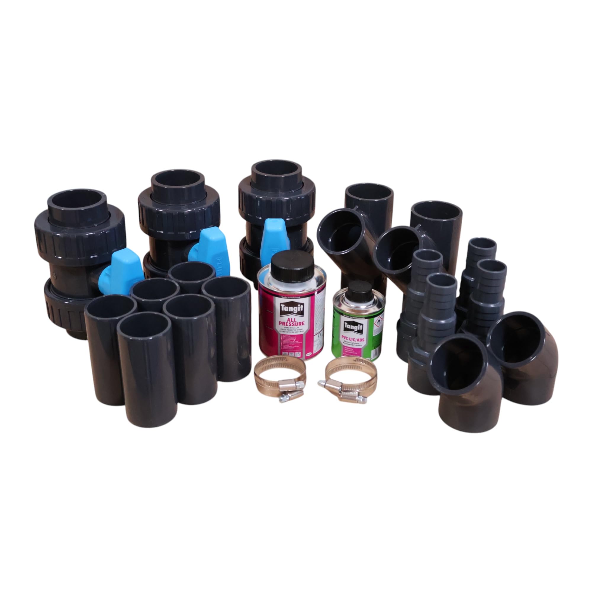 Pool Bypass Set Basic Deluxe 45° 50 mm – PVC Kugelhähne, Winkel & T-Stücke – Durchflussregelung für Wärmepumpe & Solaranlage