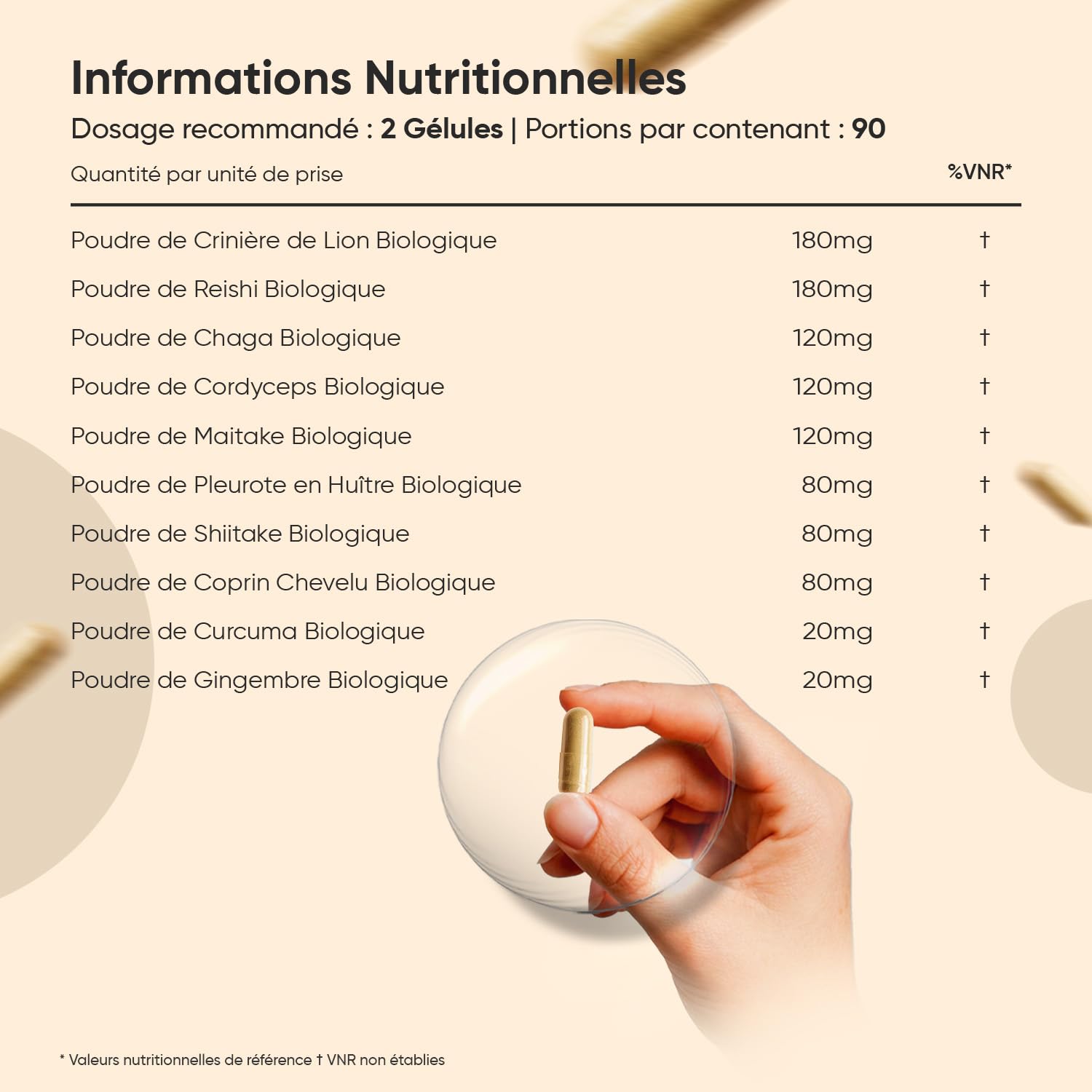 Complexe 8 Champignons Bio 180 Gélules Vegan Certifié AB - Reishi, Lions Mane, Cordyceps, Chaga, Shiitake, Maitake, Huître, Coprin, Champignons Gélules Enrichi en Curcuma et Gingembre pour 3 Mois