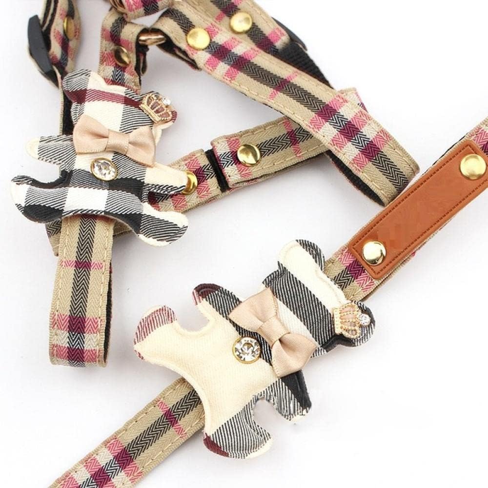 Dog Cat Harness Leash Set Pet Dog Harness Leash Check Bow Collar Dog Walking Rope Chain for Small Medium Pet Harness Suit Leash Set M