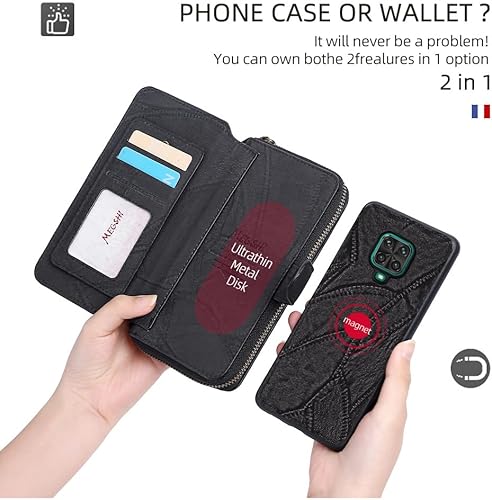 Miniatura 3 de Asuwish Funda de teléfono para Xiaomi Redmi Note 9 ProNote 9sNote9 Pro MaxPoco M2 Pro Cartera con cremallera desmontable con protector de pantalla y