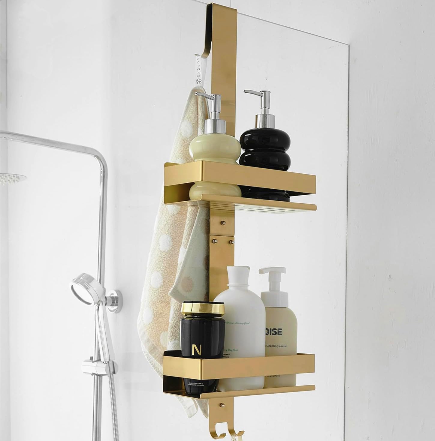 Beelee Portaoggetti Doccia Oro, Organizzatore Doccia da Appendere alla Porta, Portaoggetti da Bagno con Scaffale a 2 Livelli e Ganci, per Gel Doccia, Shampoo, Sapone, Rasoio, Asciugamano