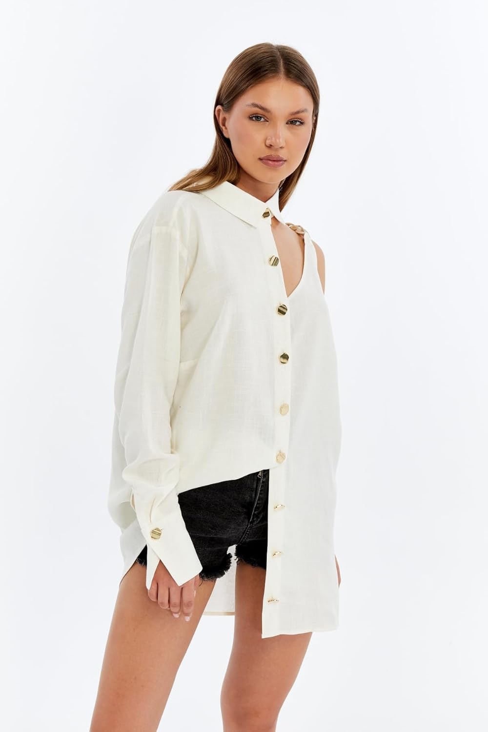 One Shoulder Button-Front Mini Dress, White, Gold Hardware - Image 2