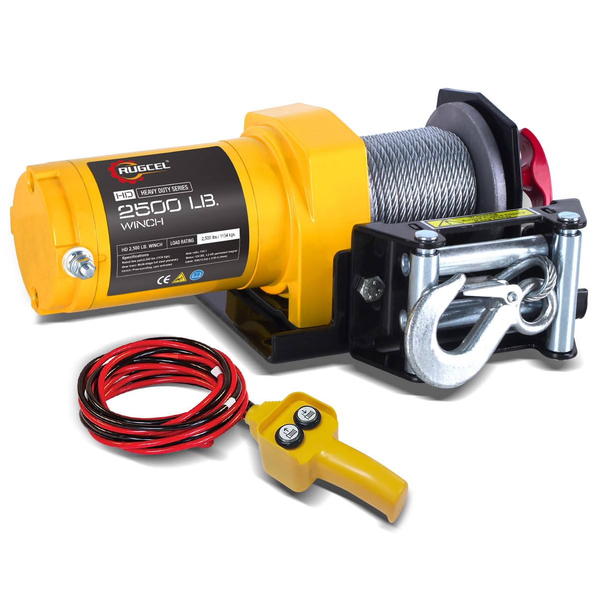 RUGCEL 2500lb Electric Winch – 12V with 50ft Steel Cable, Roller Fairlead &amp; Mounting Plate, for ATV, UTV, Trailer Towing
