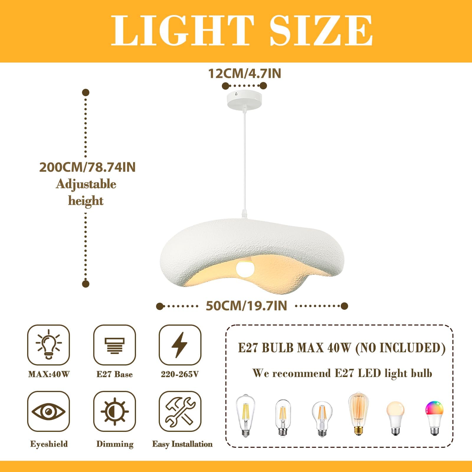 Lustres Wabi Sabi IrréGulièRe Lustre Blanc Forme De Nuage Ajustable Suspension Luminaire Salon Lampe De Table À Manger Style Nordique Chambre Suspensions D'éClairage IntéRieur E27 50Cm