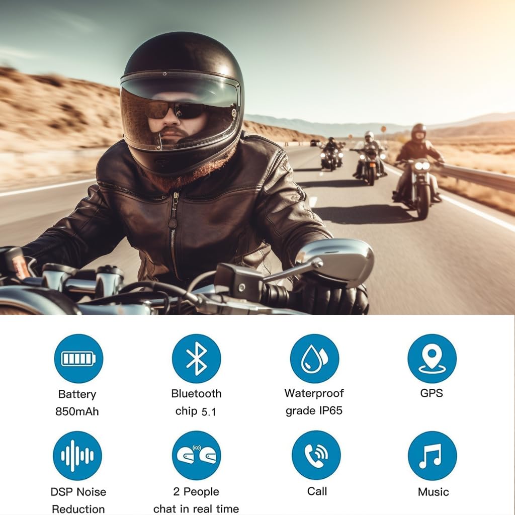 FDmiej V6 Interfono Moto Bluetooth Coppia Interfono in Tempo Reale Auricolare Casco Moto 6 Motociclisti Riduzione del Rumore Impermeabilità (2Confezione)