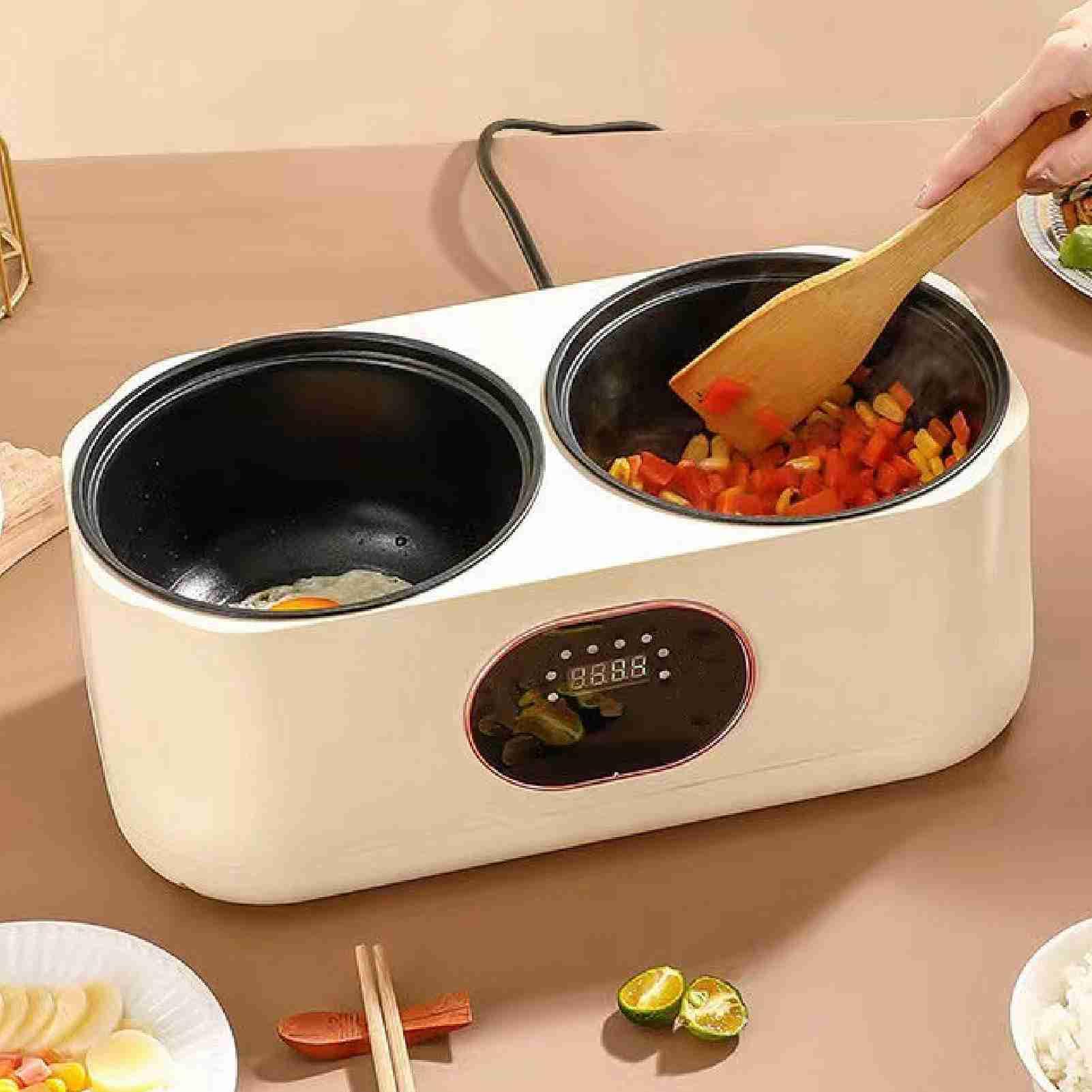 Double Mijoteuse, Double Mijoteuse à 2 Casseroles, Chauffe-aliments Multifonction Automatique, Isolation Intelligente, Cuiseur à Riz Amovible, Marmite électrique pour la Maison