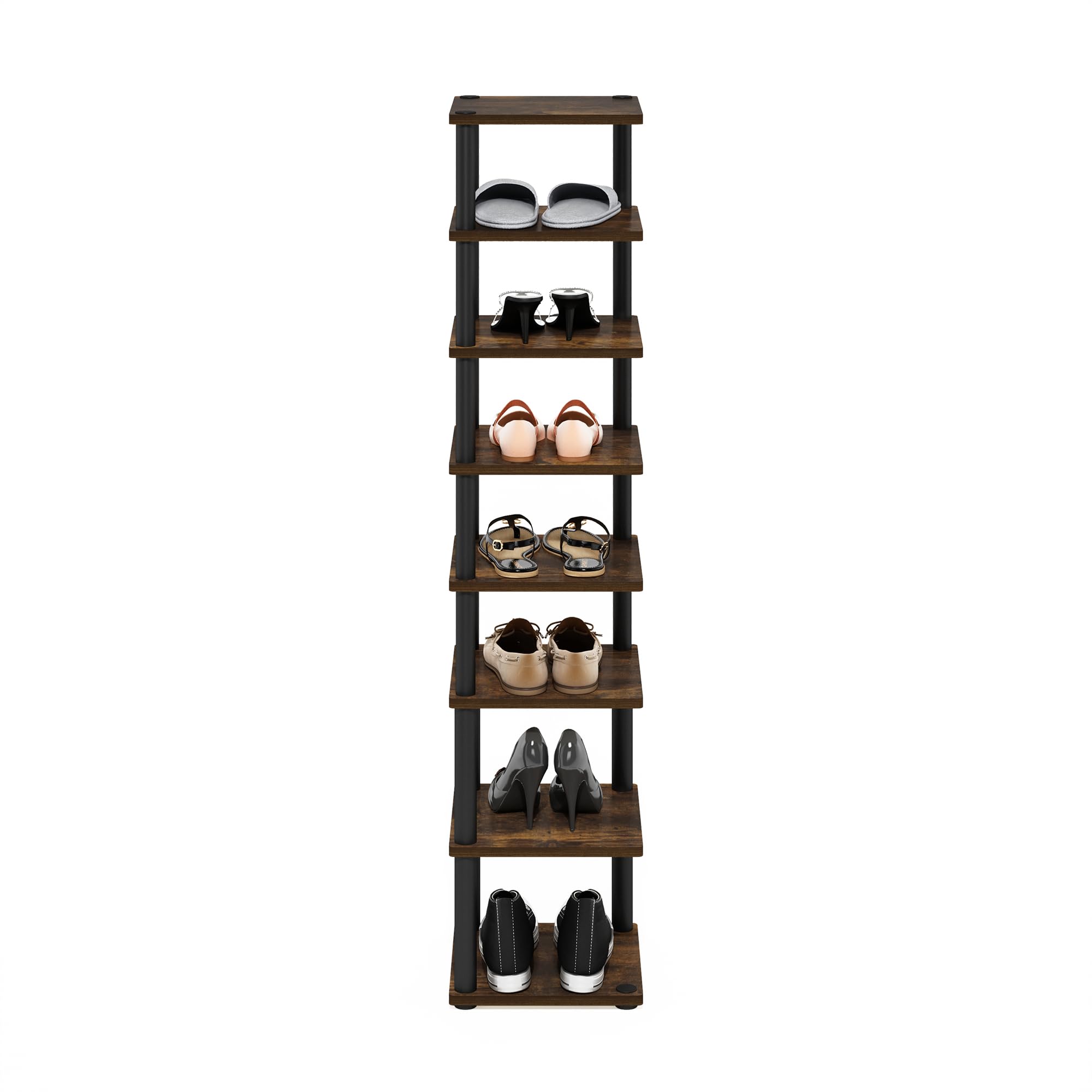 Furinno Turn-N-Tube 8-stufig Vertikaler, platzsparender, freistehender Schuhturm, Schuhregal für den Eingangsbereich, Bernsteinkiefer/Schwarz