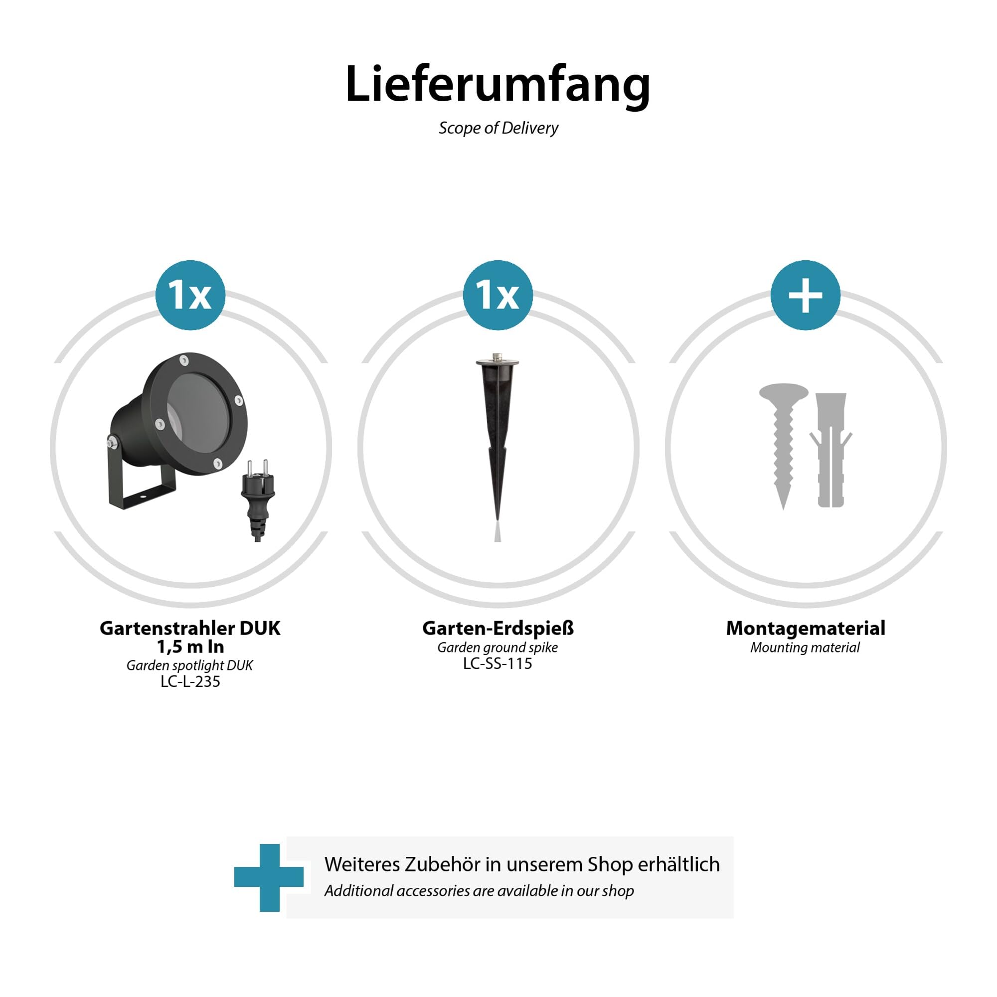 ledscom.de 8x LED Gartenstrahler DUK schwarz mit Erdspieß für außen, Aluminium, ohne Leuchtmittel