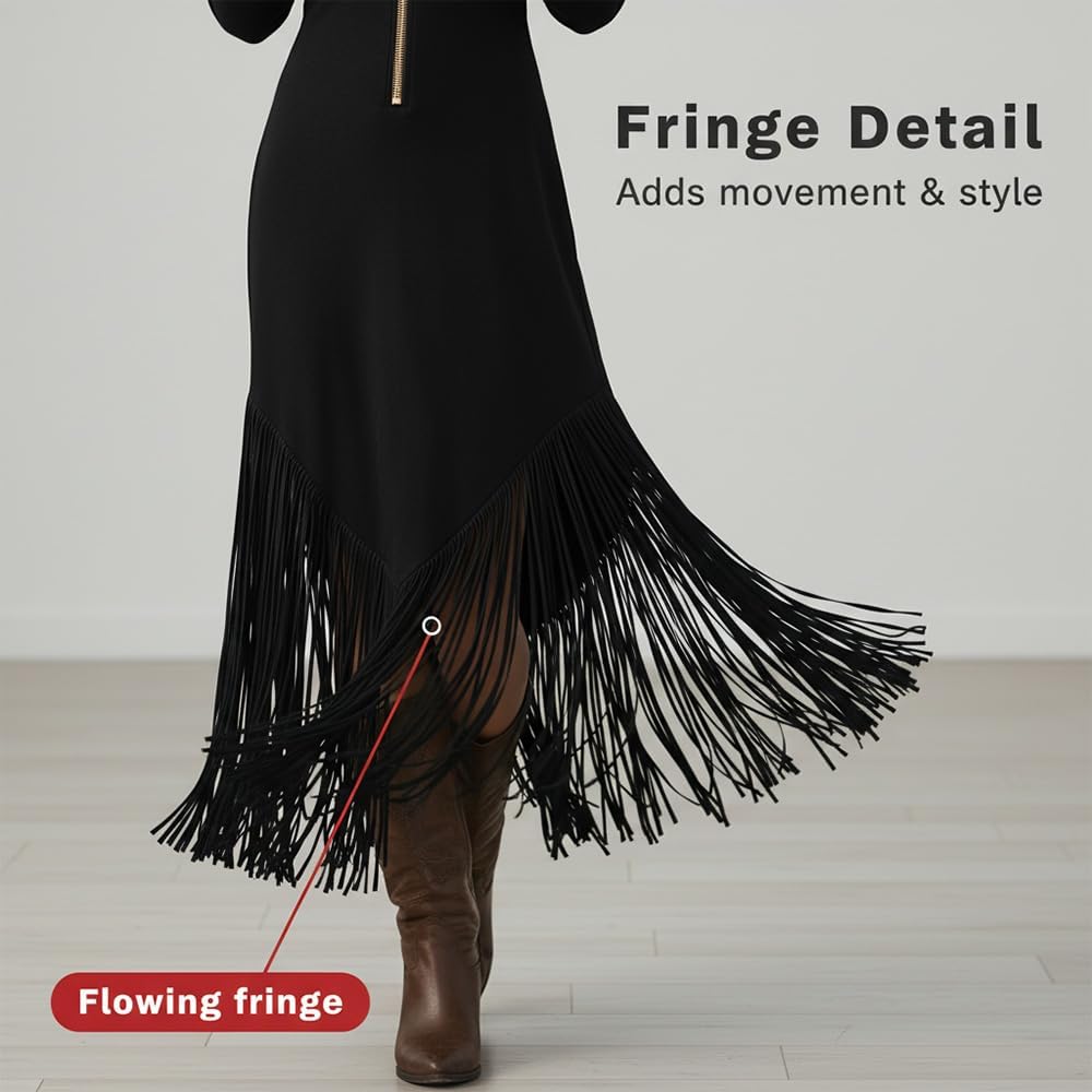Women's Western Faux Suede Midi Dress – Vintage Zipper V Neck Long Sleeve Tassel Fringe Cowgirl Dress