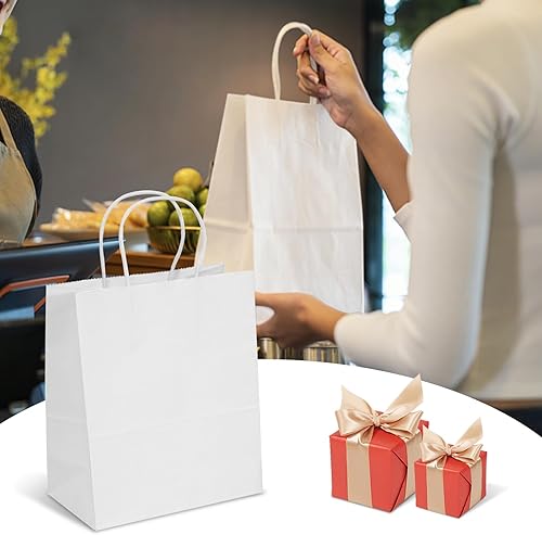 Miniatura 2 de TOWRAP Bolsas de regalo blancas, 100 bolsas de papel de 9 x 5.9 x 9.84 pulgadas con asas a granel, bolsas de compras, bolsas de fiesta, bolsas de
