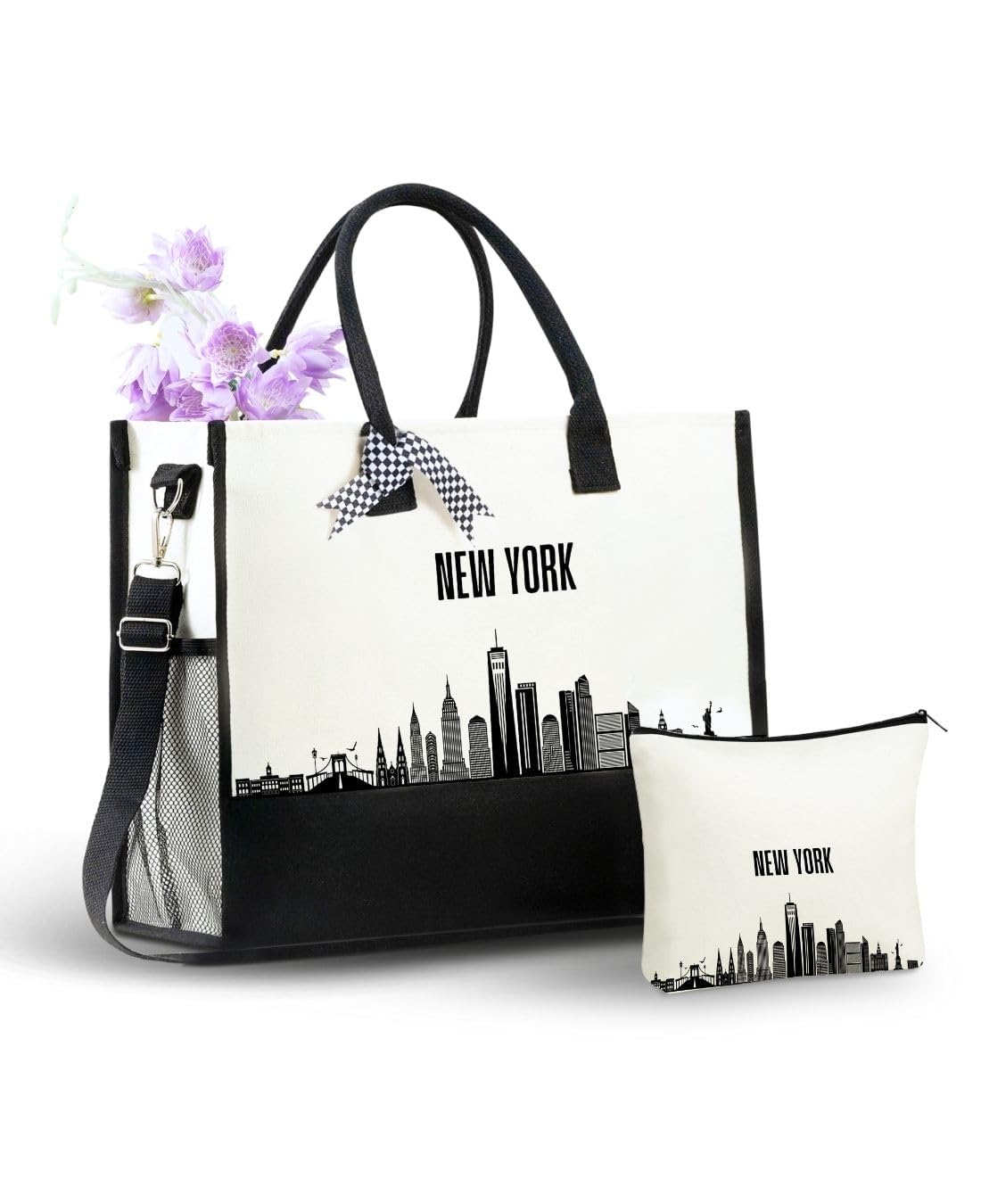 InnoBeta New York City Skyline Gifts Canvas Tote Bag for NYC Lovers, Women, NYC Themed Gifts Bag with Top Zipper Closure and Shoulder Strap, Skyline