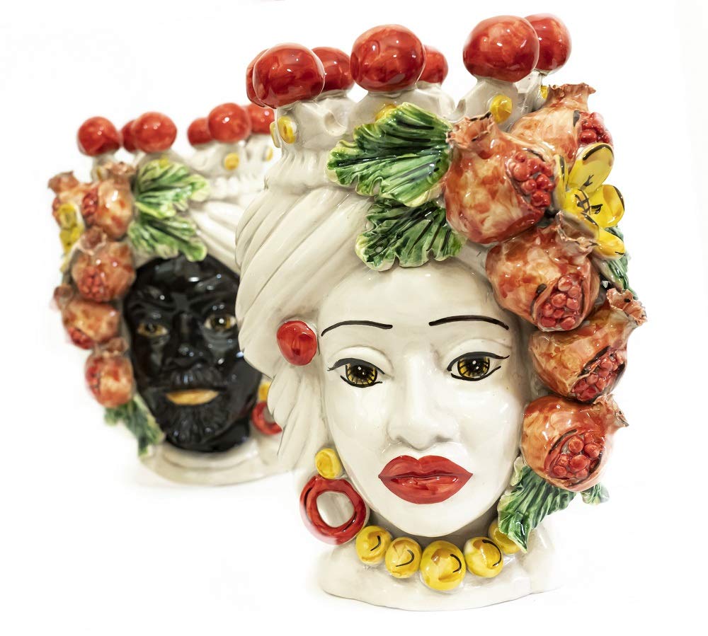 Coppia teste di moro Caltagirone con melograni in ceramica siciliana vasi grande H 30 cm