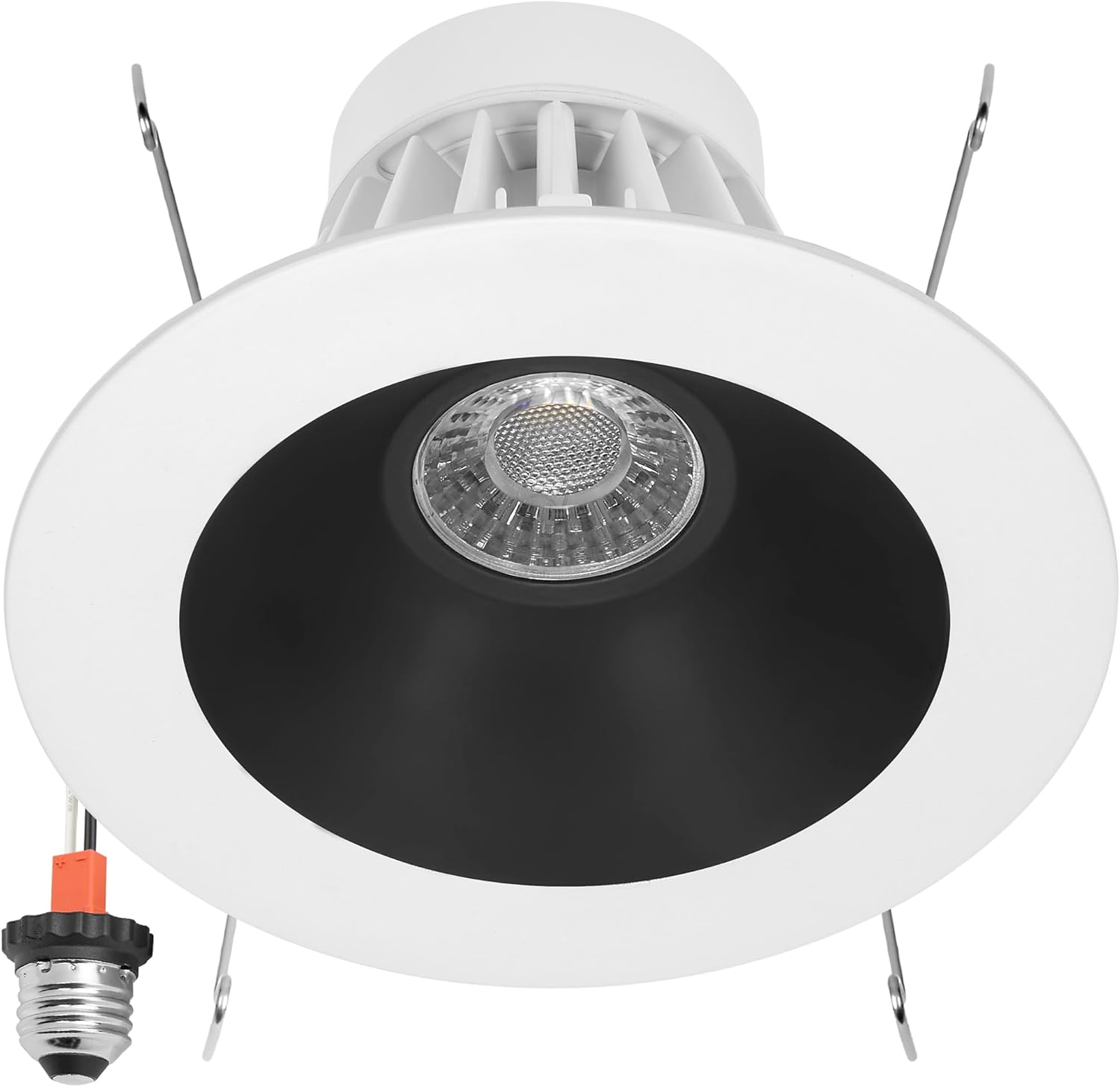Maxxima 6" Retrofit Recessed Anti-Glare LED Downlight, 1200 Lumens, 5 Color Temperature Selectable 2700K/3000K/3500K/4000K/5000K, Dimmable, E-26 Quick Connect Adapter, 90 CRI, White Trim Black Baffle