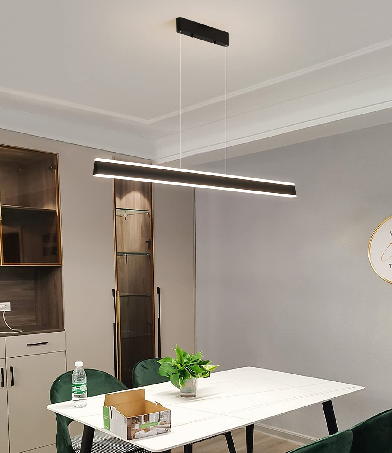 LED Lampa Wisząca do jadalni Nowoczesna ściemnialna długa lampa Wisząca z pilotem Żyrandol z Regulacją Wysokości Akrylowy klosz do Jadalni Biurowe Oświetlenie Kuchenne (czarny, 100cm)