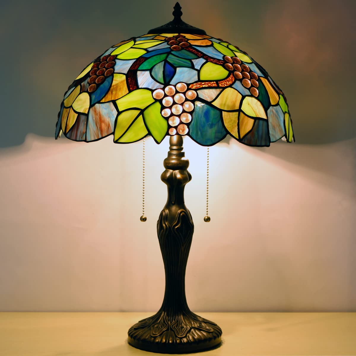 ZJART Tiffany Lamp W16H24 Inch Blue Stained Glass Grapes Table Lamp Bedside Nightstand Desk Reading Lamp Work Study Desktop Light Decor Home Kids Bedroom Living Room Office Pull Chain Switch