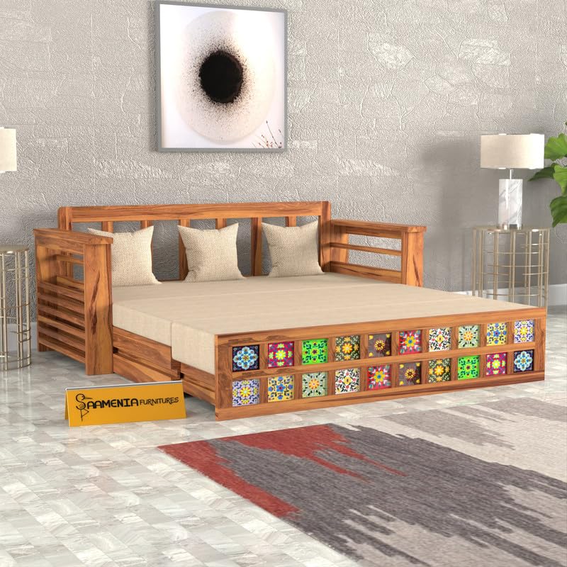 Image of Solid Sheesham Wood Sofa Cumss Bed with Storage & Handcrafted Ceramic Tile Design | Rosewood Sofa Bed with Cushions for Living Room & Bedroom (Natural Finish)