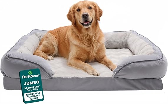 سرير Furhaven Orthopedic Dog للكلاب الكبيرة مع مساند قابلة للإزالة وغطاء قابل للغسل للكلاب حتى 95 رطلاً - Plush & Velvet Waves Perfect Comfort Sofa - Granite Gray، Jumbo / XL