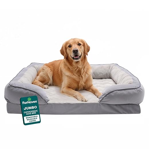 Furhaven Orthopedic Dog Bed for Large Dogs w/ Removable Bolsters & Washable Cover, For Dogs Up to 95 lbs - Plush & Velvet Waves Perfect Comfort Sofa - Granite Gray, Jumbo/XL
