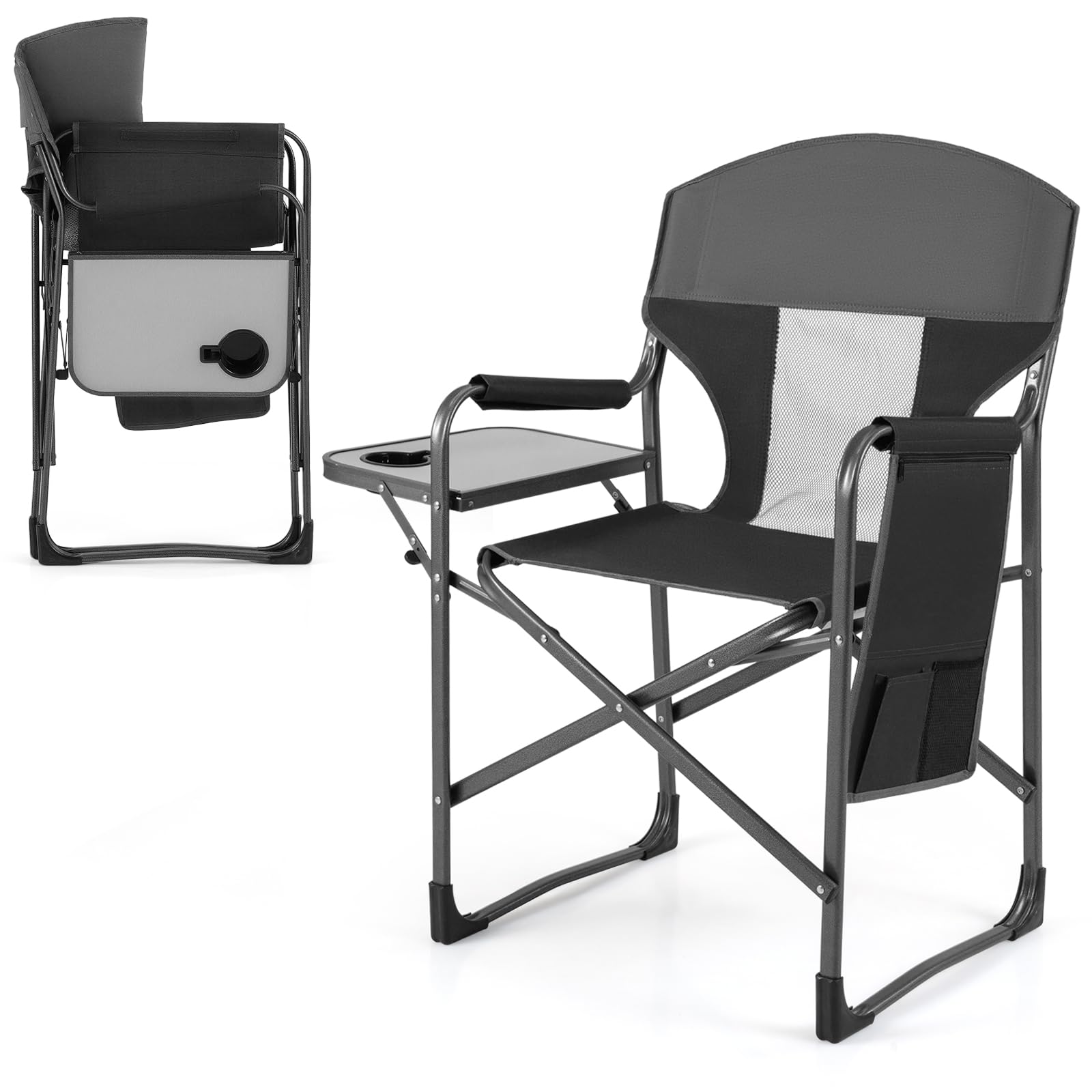 COSTWAY Folding Directors Chair, Oversized Camping Chairs with Side Table and Cup Holder, Outdoor Heavy Duty Beach Chair for Lawn Picnic Hiking Fishing (Black, 83 x 50 x 101cm, with Storage Pocket)