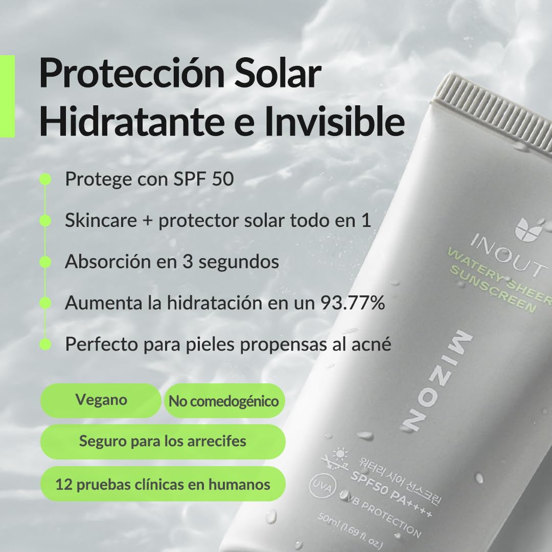 Envase del protector solar MIZON INOUT Watery Sheer Sunscreen con su textura ligera visible.