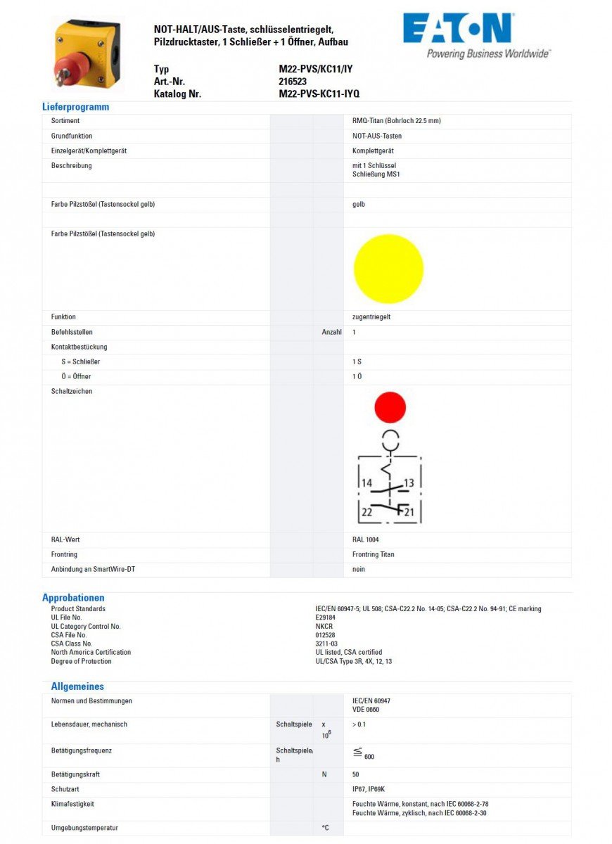 Eaton 216523 not-Halt/aus-Taste, D = 38 mm, Schlüsselentriegelt, unbeleuchtet, 1 Öffner, 1 Schließer, Aufbau