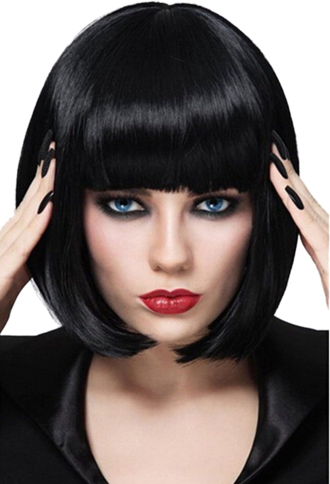 Black Bob Wigs for Women, 12'' Short Black Hair Wig with Bangs, Natural Fashion Synthetic Wig, Cute Colored Wigs for Daily Party Halloween BU027BK