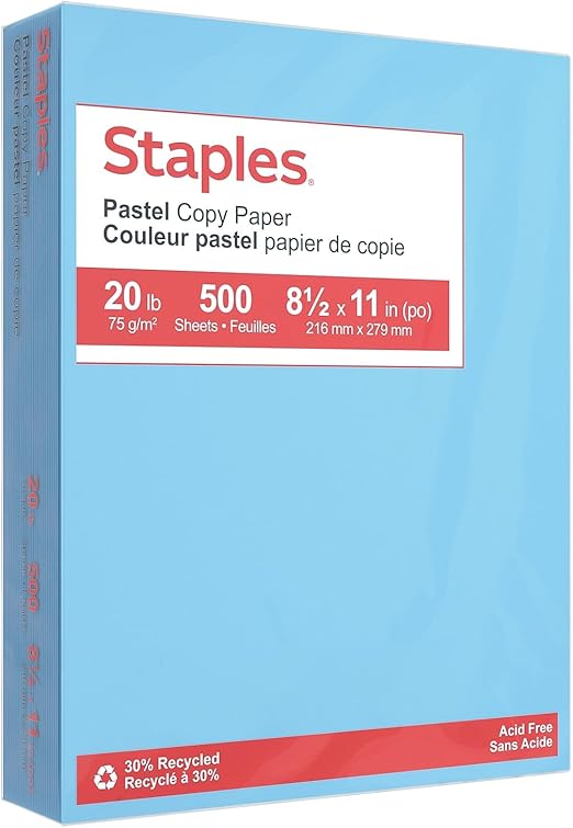 Staples Pastel Color Copy Paper, 30% Recycled, 8.5 x 11 Inch, 20 lbs, 500-Sheets Pack, Blue