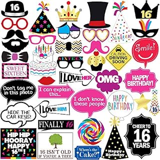 16th Birthday Photo Booth Party Props - 40 Pieces - Funny Sweet Sixteen Birthday Party Supplies, Decorations and Favors