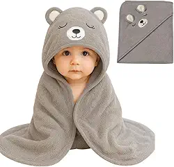 Toalha De Banho Infantil Com Capuz Bichinho Bordado Algodão Toque Extremamente Macio Suave Para Pele do Bebê Recém Nascido (Cinza)