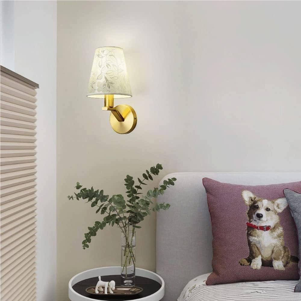 Lámpara de Pared Amena de Cobre con Base E14/E12, Pantalla de Tela Creativa, Aplique de Pared Empotrado para Dormitorio, Estudio, Comedor, iluminación de Pared Interior, Ahorro de energía.