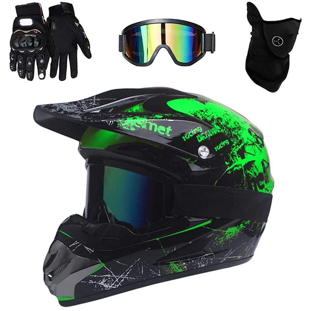 Jugend Volles Gesicht MTB Motocross Helm, mit Schutzbrille Handschuhe Maske, Kind ATV Cross Motorradhelm, DOT Zertifiziert Downhill BMX Quad-Bike Enduro-Rennen Dreckiges Fahrrad Absturz Helm
