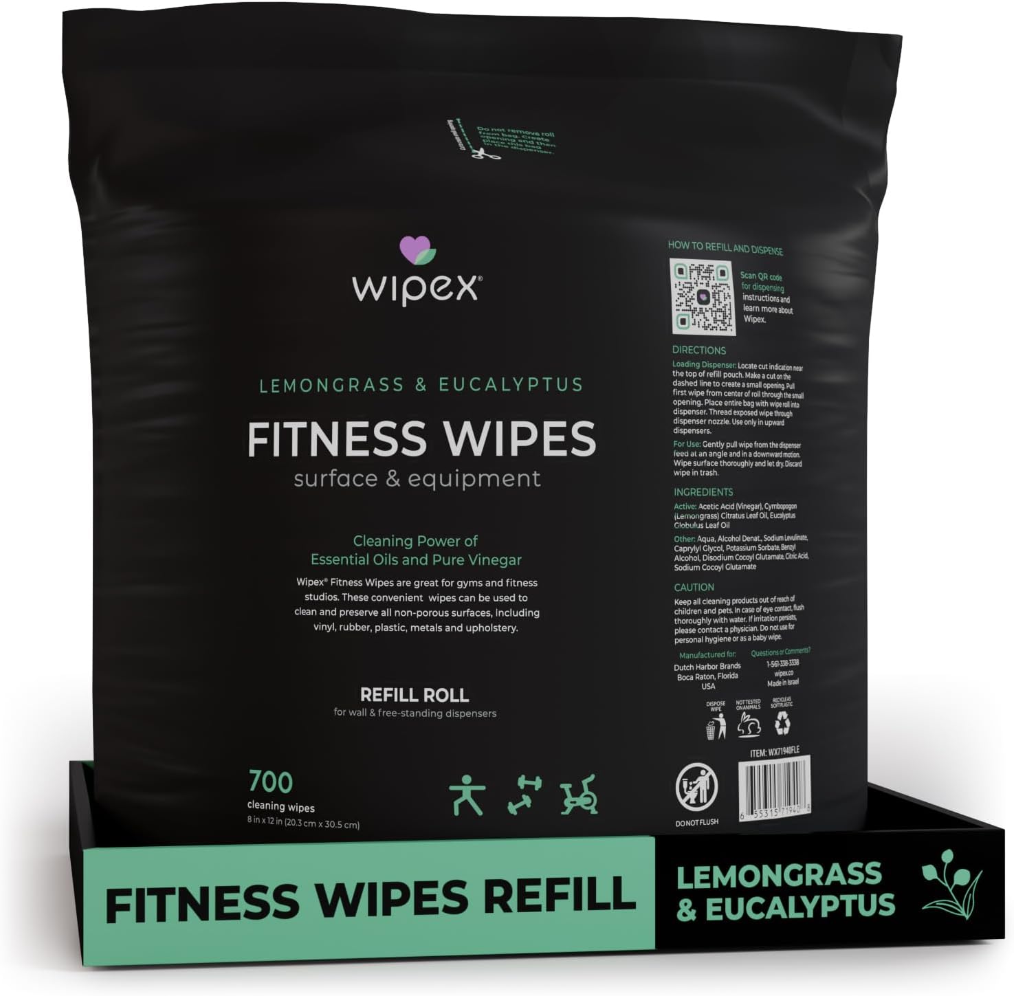 Wipex Gym & Fitness Wipes Refill Pack 700 Large Natural Wipes with Vinegar & Lemongrass/Eucalyptus Oil (1 Refill)