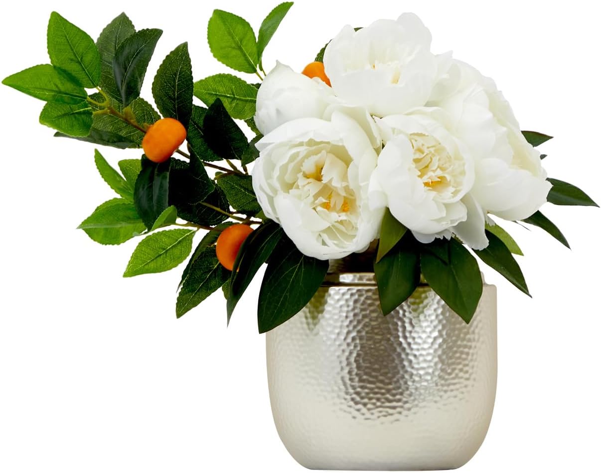 Nearly Natural 16in. Artificial Peony Dahlia Arrangement White Vase