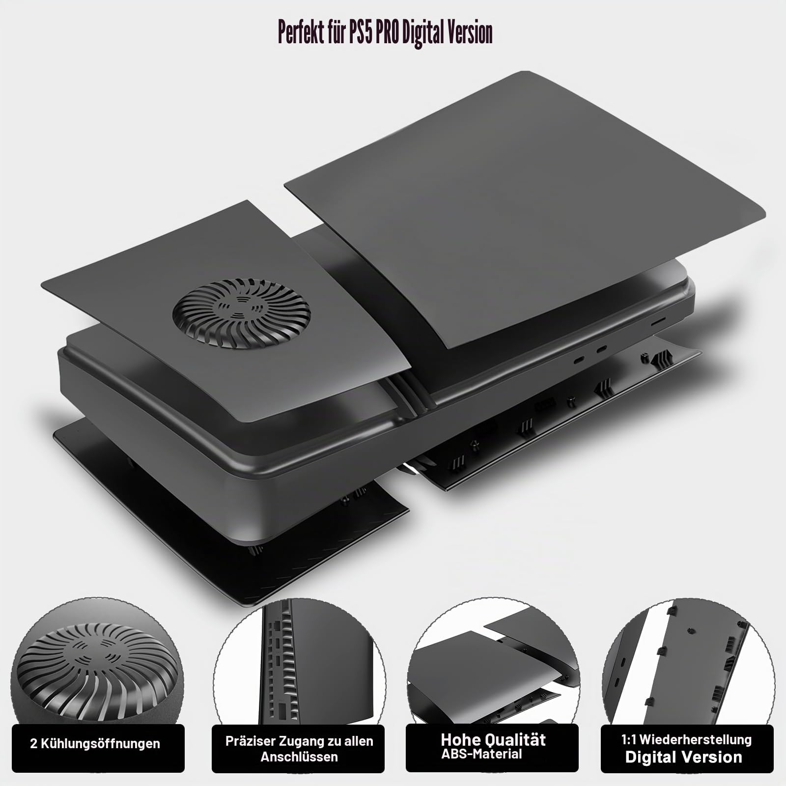 Faceplates für PS5 Pro Digital Edition, PS5 Pro Cover mit Kühlungsöffnung, ABS Anti-Scratch staubdicht Ersatz Seitenplatten Platte Case Shell für PlayStation 5 Pro Digital, Schwarz