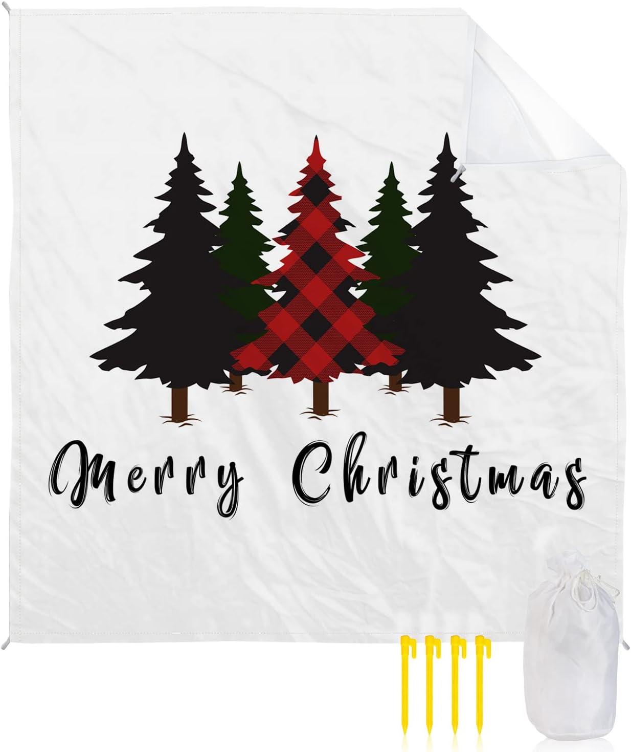 Christmas Tree Buffalo Pine Forest Plants Beach Blanket Waterproof Sandproof Outdoor Picnic Mat 118"x108" White Lightweight Large Beaach Blankets with 4 Stake & 4 Corner Pockets