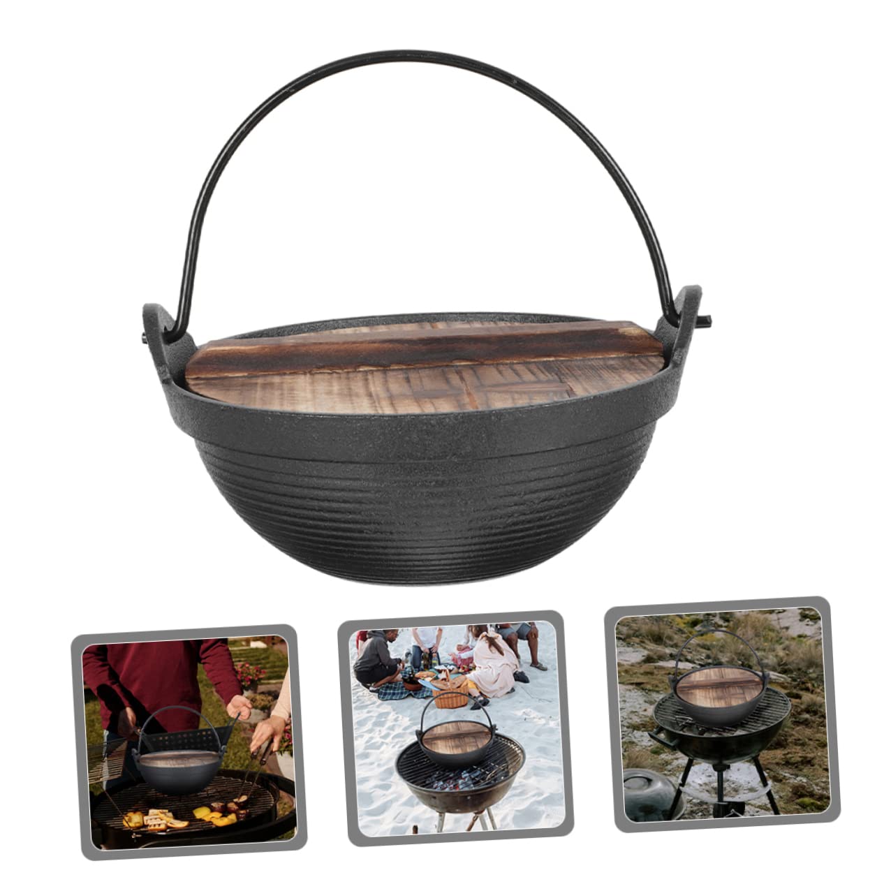 BESTonZON Japanese Iron Camping Cook Pot Multi Use Sukiyaki Pot with Hanging Handle for Outdoor Cooking for Noodles and
