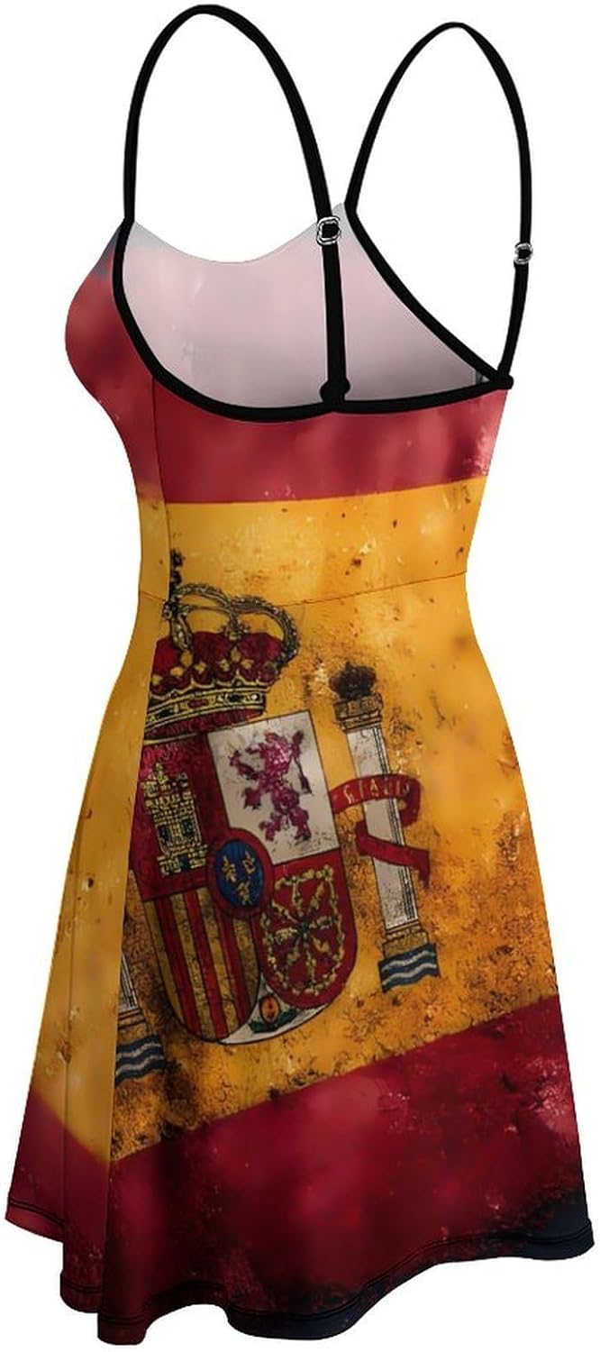 Vintage Spain Flag Short Cami Dress for Women Adjustable Spaghetti Strap Flowy Sundress Beach Vacation