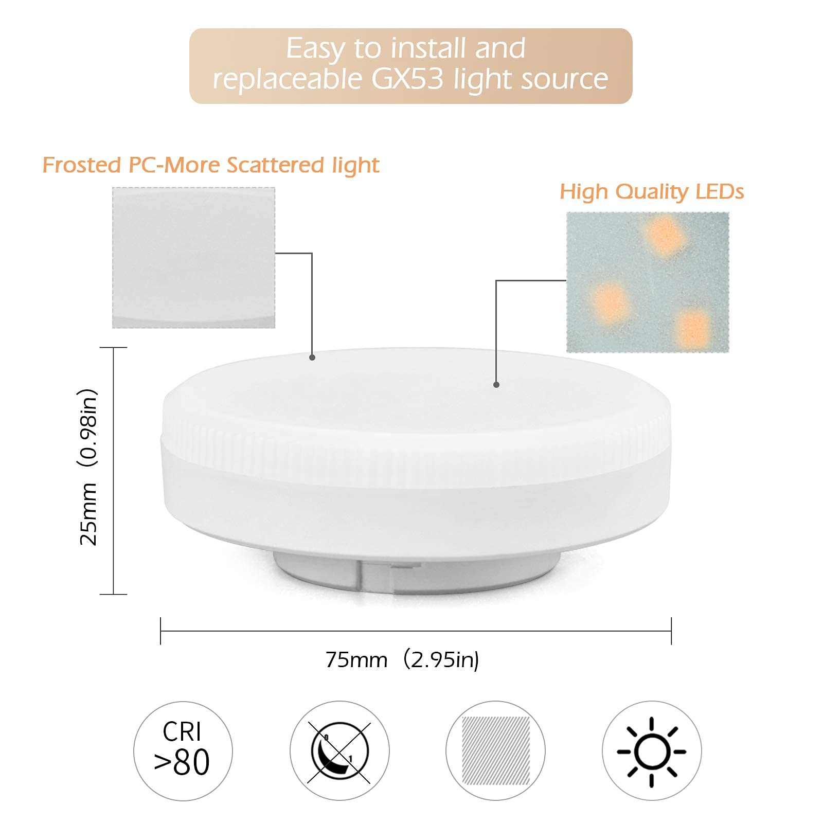 KYOTECH Foco LED de Superficie Para Techo - Bombilla 6W GX53 Intercambiable, Extraplano 55mm, IP44, Blanco Cálido 3000K, 550LM, Redondo Blanco