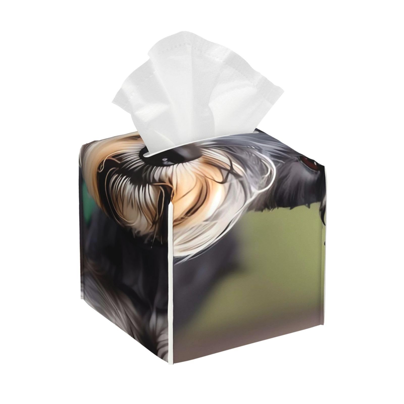 Pu Leather Cube Tissue Box Holders Modern Waterproof Square Tissue Box Cover Adorable Schnauzer Facial Paper Holder for Bathroom Kitchen Nightstand Office Home Decor