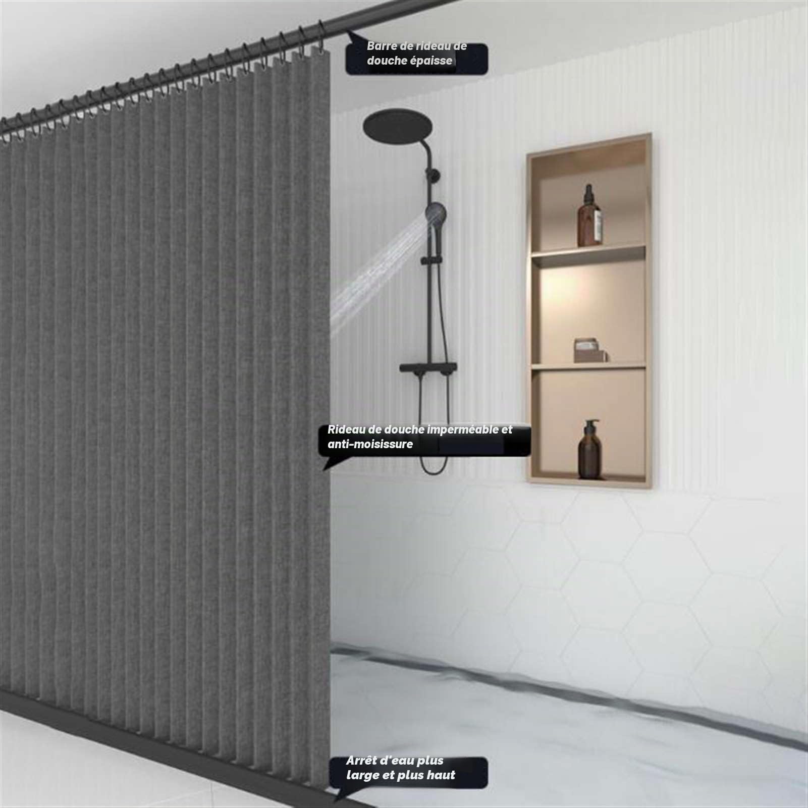 Rideau de Douche Pliable Aimantée Imperméable, Gris -120x200cm | Rideau de Douche Anti Moisissure avec Crochets, Rideau de Douche Lin épais pour Salle de Bain