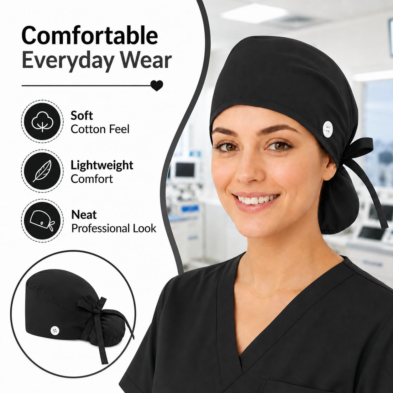 Black Scrub Cap for Women, Ponytail Pouch, 100% Cotton Surgical Hat, Sweatband, Adjustable Tie Back Nurse Working Cap, Buttons