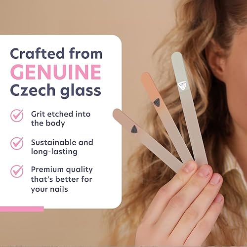 Miniatura 2 de BONA Fide Beauty Juego de 3 limas de uñas de vidrio checo de colores de otoño apagados, para el cuidado de uñas reutilizable, regalos encantadores